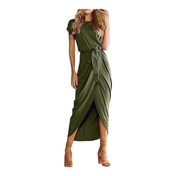 NWT Womens Qearal Ruched Army Green Short Sleeved Maxi Dress - Sz S - Picture 1 of 2